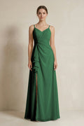 A-Line Ruffled Spaghetti Strap Chiffon Bridesmaid Dress in Dark Green