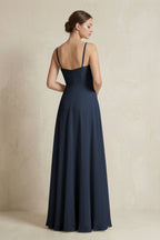 A-Line Ruffled Spaghetti Strap Chiffon Bridesmaid Dress in Dark Navy