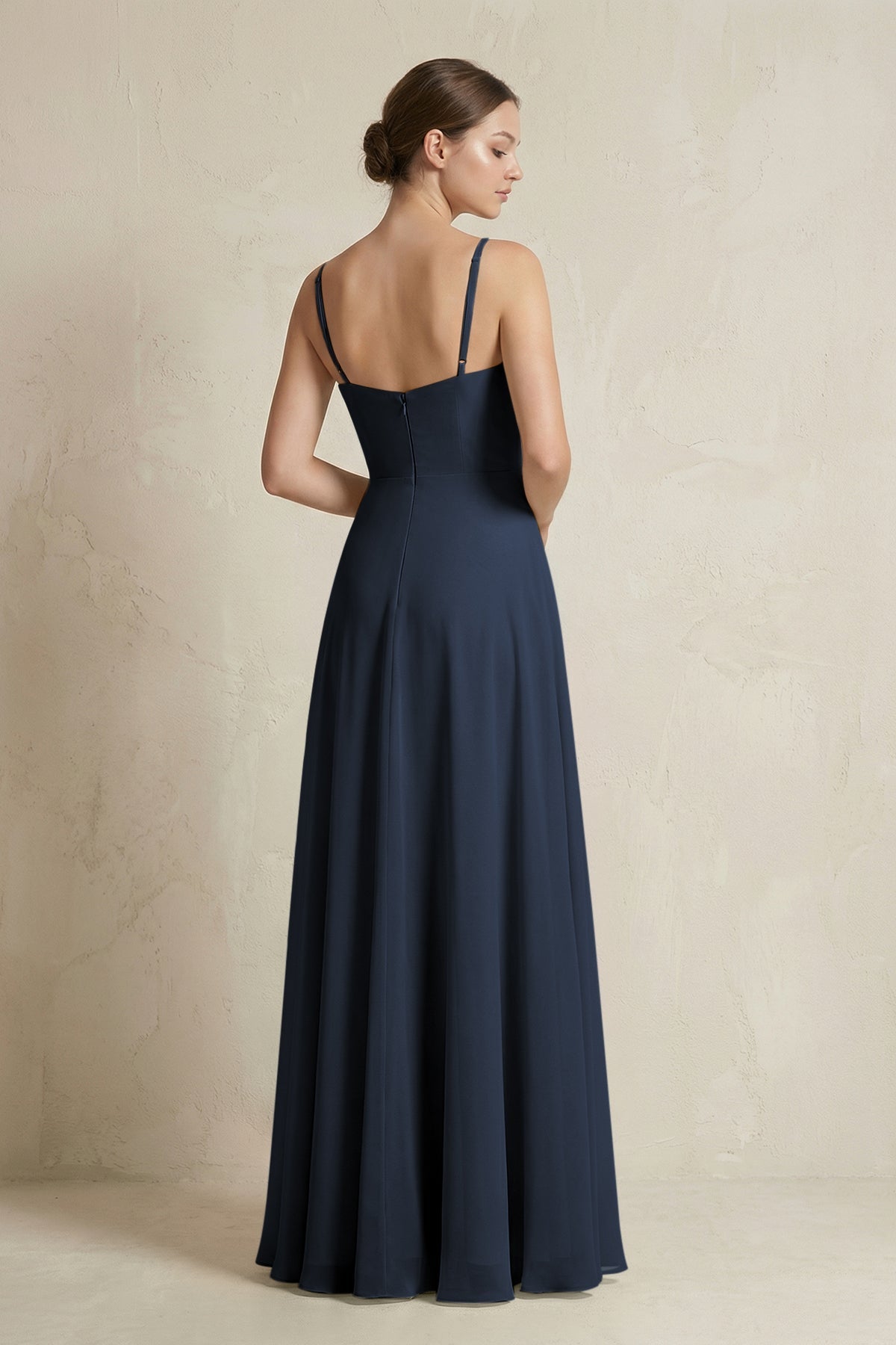 A-Line Ruffled Spaghetti Strap Chiffon Bridesmaid Dress in Dark Navy