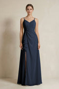 A-Line Ruffled Spaghetti Strap Chiffon Bridesmaid Dress in Dark Navy