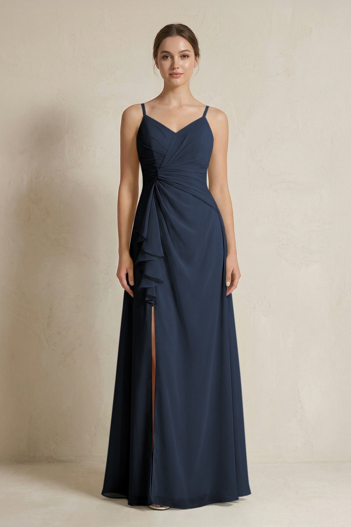 A-Line Ruffled Spaghetti Strap Chiffon Bridesmaid Dress in Dark Navy