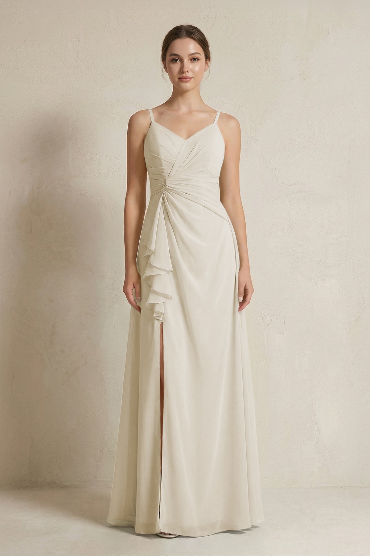 A-Line Ruffled Spaghetti Strap Chiffon Bridesmaid Dress in Dove Gray