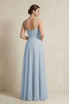 A-Line Ruffled Spaghetti Strap Chiffon Bridesmaid Dress in Dusty Blue