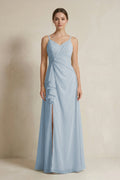 A-Line Ruffled Spaghetti Strap Chiffon Bridesmaid Dress in Dusty Blue