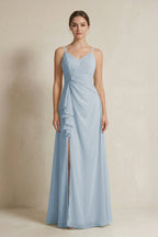 A-Line Ruffled Spaghetti Strap Chiffon Bridesmaid Dress in Dusty Blue