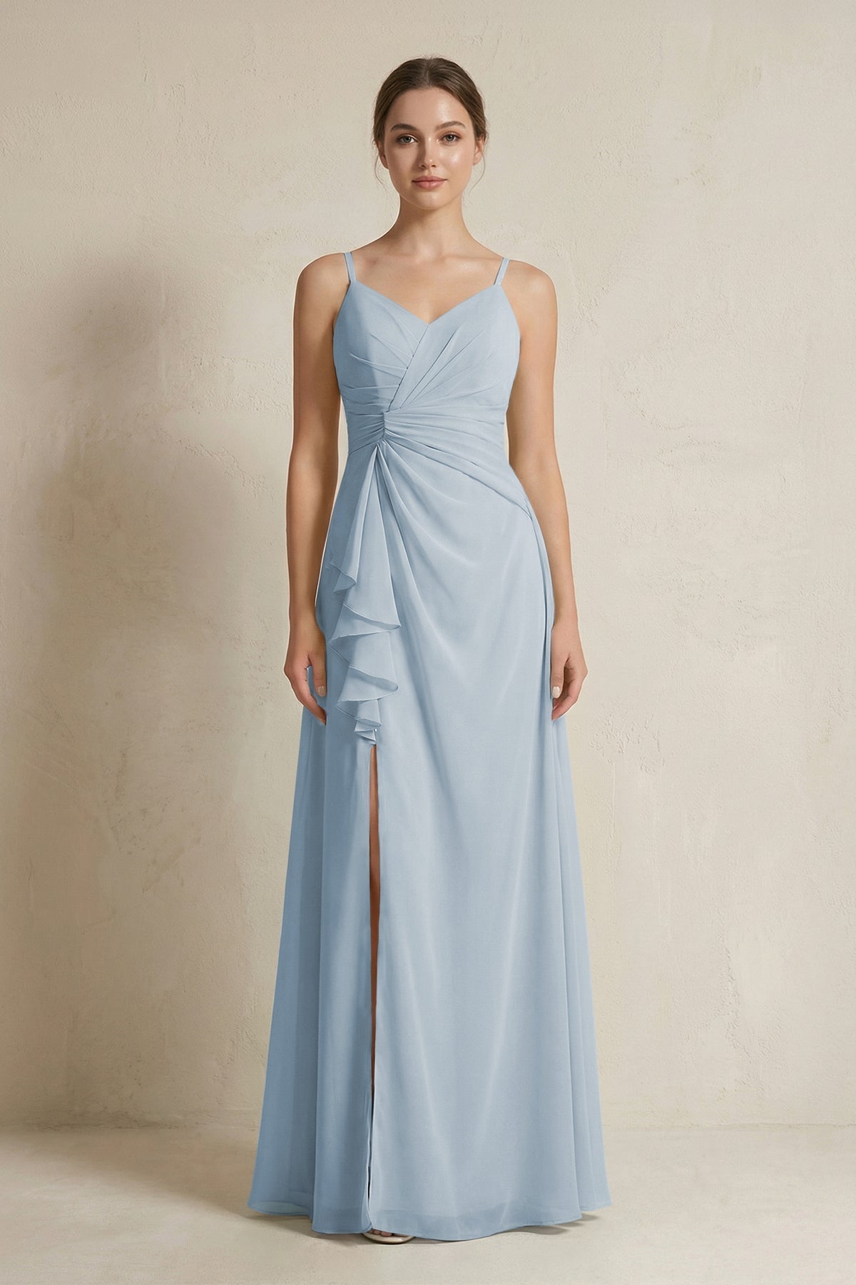 A-Line Ruffled Spaghetti Strap Chiffon Bridesmaid Dress in Dusty Blue