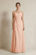 A-Line Ruffled Spaghetti Strap Chiffon Bridesmaid Dress in English Rose