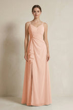 A-Line Ruffled Spaghetti Strap Chiffon Bridesmaid Dress in English Rose