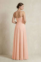 A-Line Ruffled Spaghetti Strap Chiffon Bridesmaid Dress in English Rose
