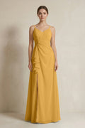 A-Line Ruffled Spaghetti Strap Chiffon Bridesmaid Dress in Marigold