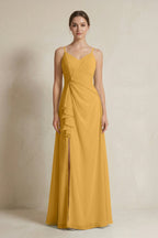 A-Line Ruffled Spaghetti Strap Chiffon Bridesmaid Dress in Marigold