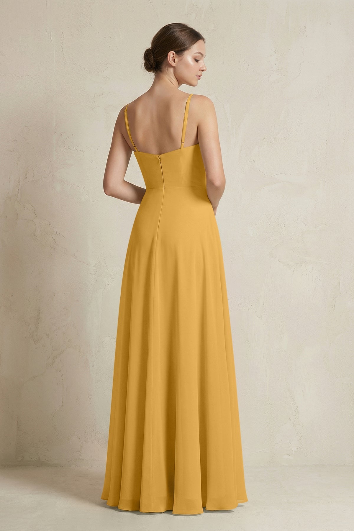 A-Line Ruffled Spaghetti Strap Chiffon Bridesmaid Dress in Marigold
