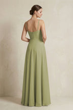 A-Line Ruffled Spaghetti Strap Chiffon Bridesmaid Dress in Moss Green
