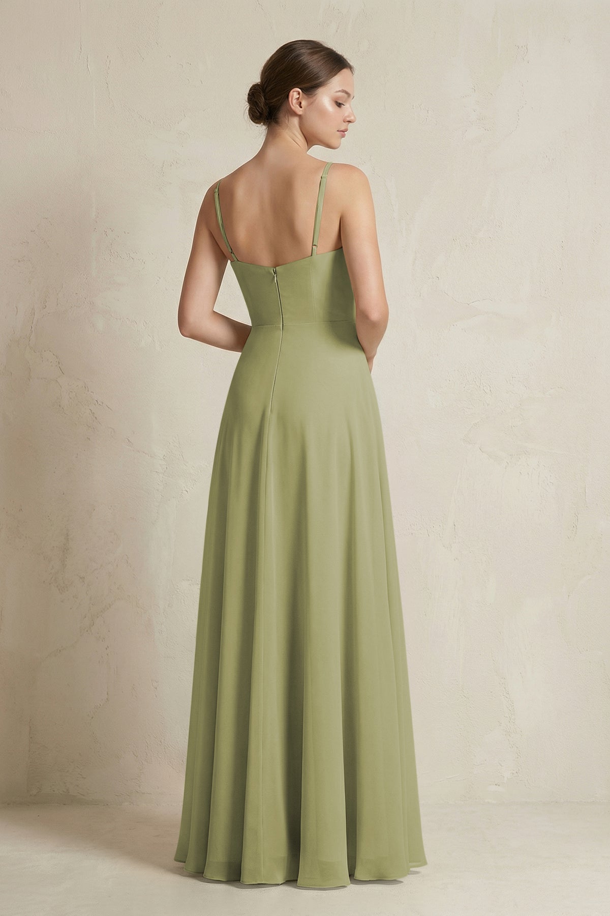 A-Line Ruffled Spaghetti Strap Chiffon Bridesmaid Dress in Moss Green