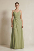 A-Line Ruffled Spaghetti Strap Chiffon Bridesmaid Dress in Moss Green