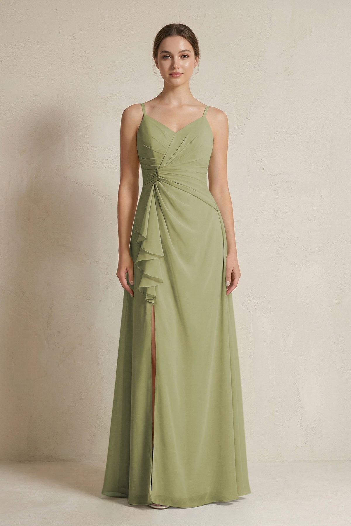 A-Line Ruffled Spaghetti Strap Chiffon Bridesmaid Dress in Moss Green