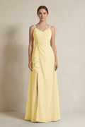 A-Line Ruffled Spaghetti Strap Chiffon Bridesmaid Dress in Pastel Yellow