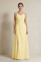 A-Line Ruffled Spaghetti Strap Chiffon Bridesmaid Dress in Pastel Yellow