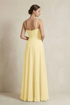 A-Line Ruffled Spaghetti Strap Chiffon Bridesmaid Dress in Pastel Yellow