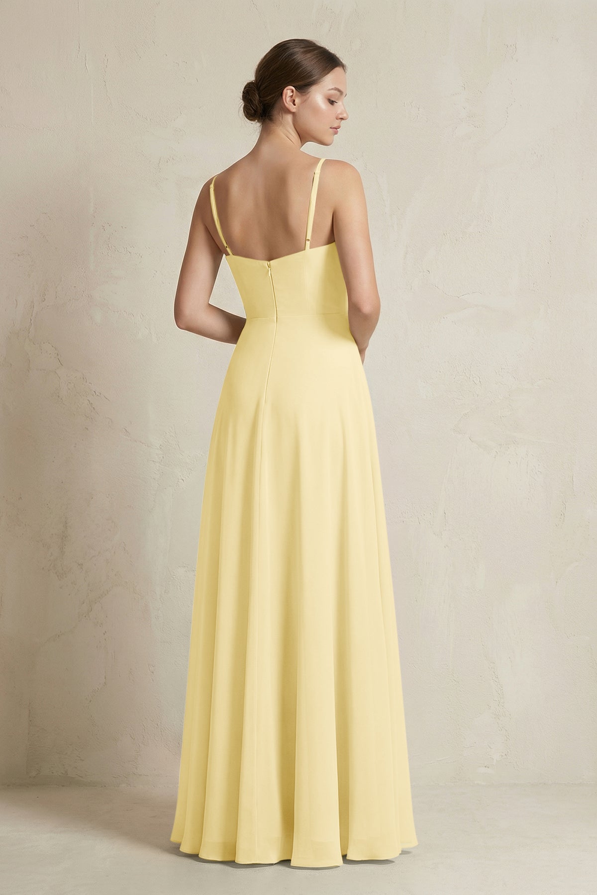 A-Line Ruffled Spaghetti Strap Chiffon Bridesmaid Dress in Pastel Yellow