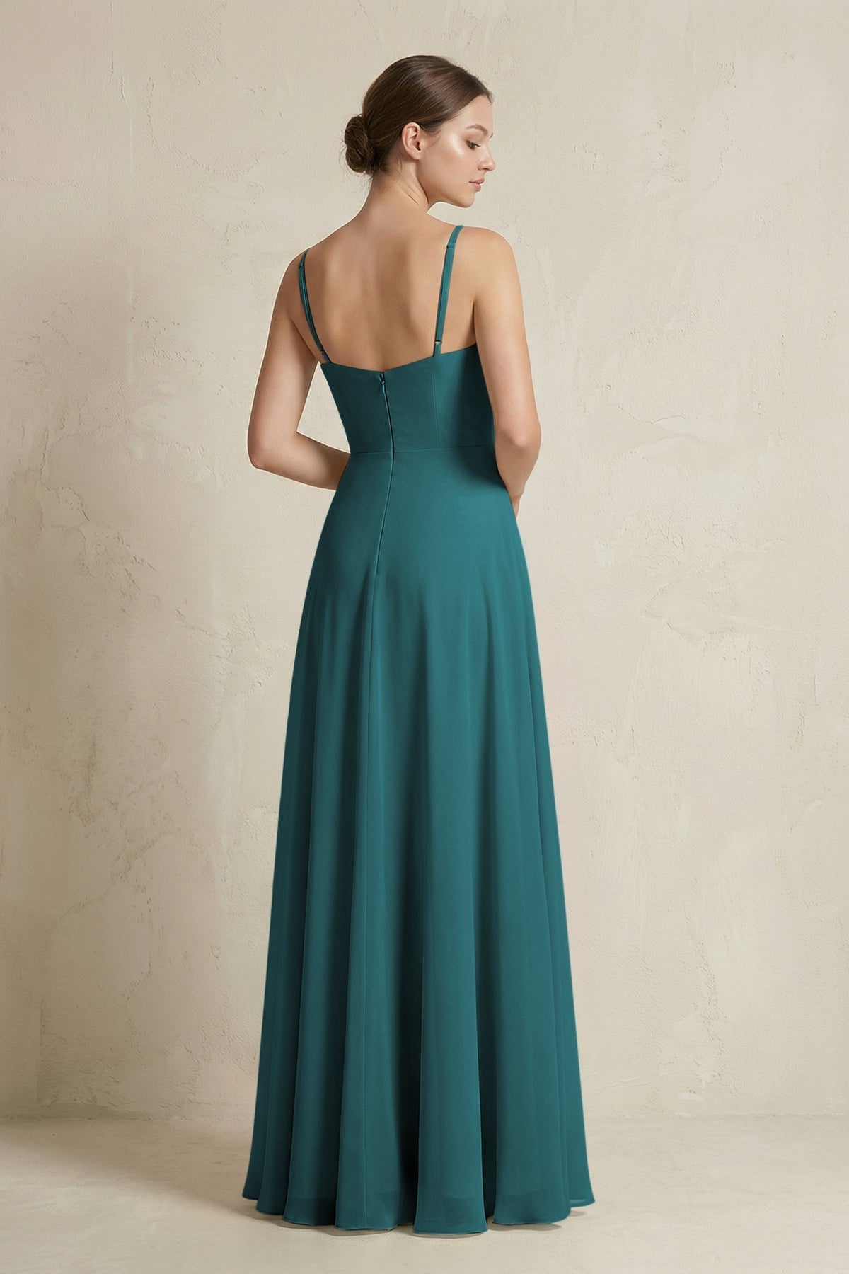 A-Line Ruffled Spaghetti Strap Chiffon Bridesmaid Dress in Pine