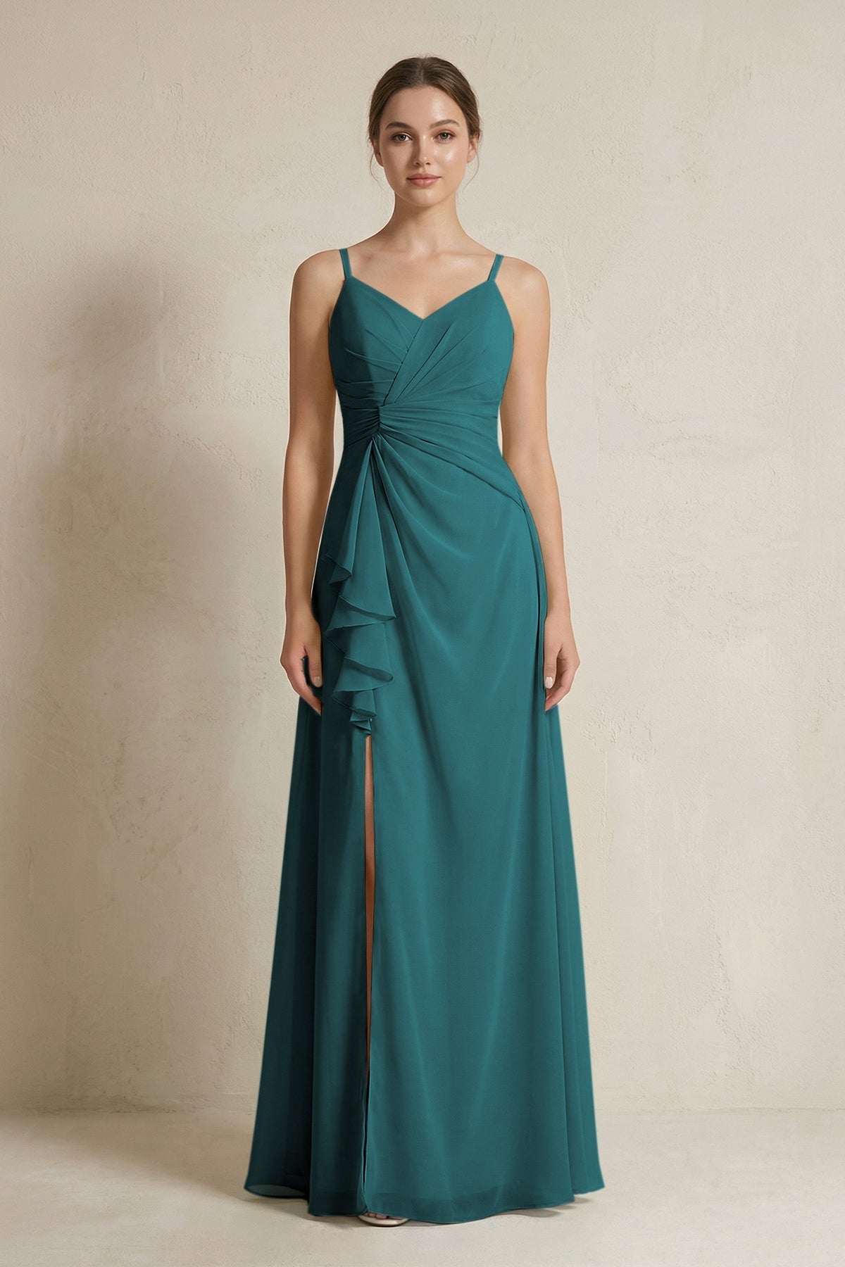 A-Line Ruffled Spaghetti Strap Chiffon Bridesmaid Dress in Pine