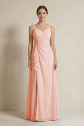 A-Line Ruffled Spaghetti Strap Chiffon Bridesmaid Dress in Rose Petal
