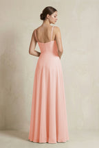 A-Line Ruffled Spaghetti Strap Chiffon Bridesmaid Dress in Rose Petal