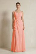 A-Line Ruffled Spaghetti Strap Chiffon Bridesmaid Dress in Rosette