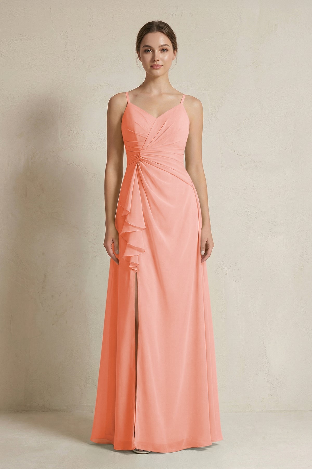 A-Line Ruffled Spaghetti Strap Chiffon Bridesmaid Dress in Rosette