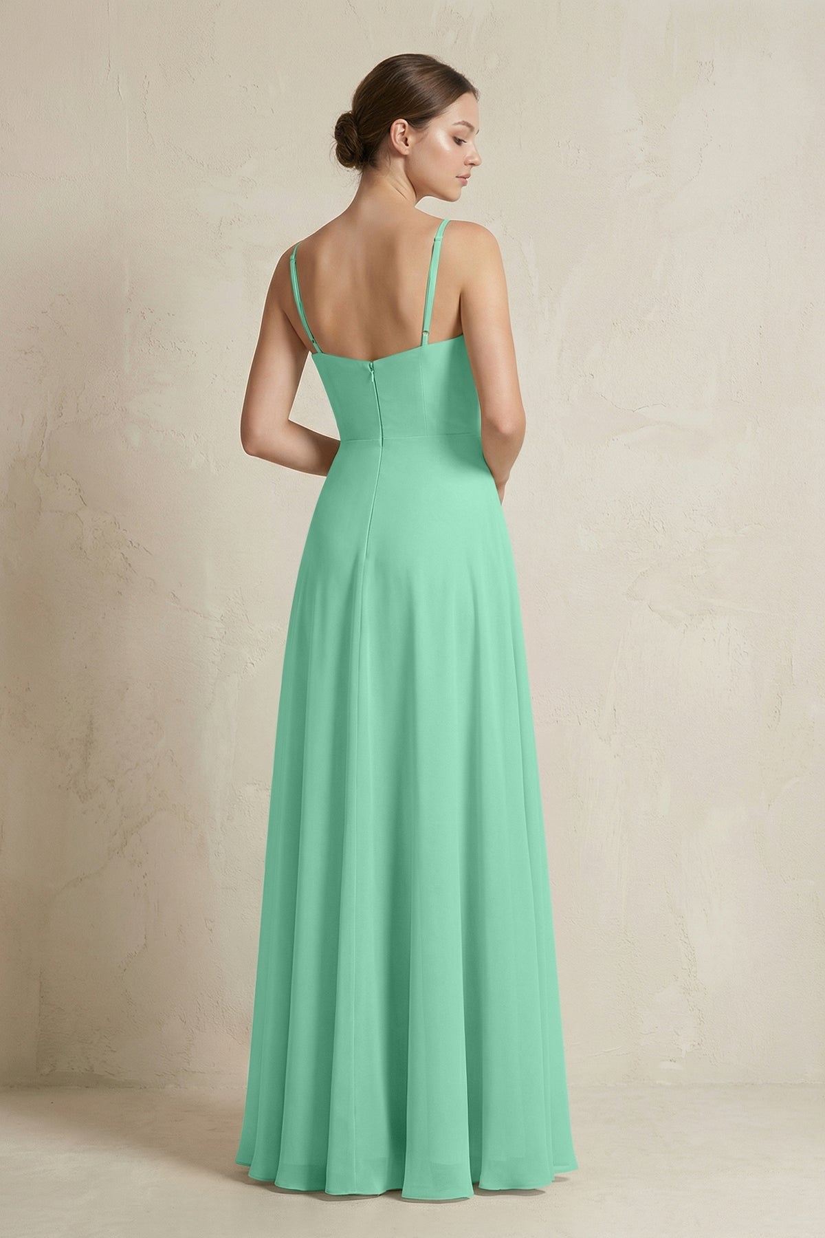 A-Line Ruffled Spaghetti Strap Chiffon Bridesmaid Dress in Turquoise