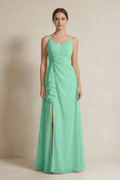 A-Line Ruffled Spaghetti Strap Chiffon Bridesmaid Dress in Turquoise
