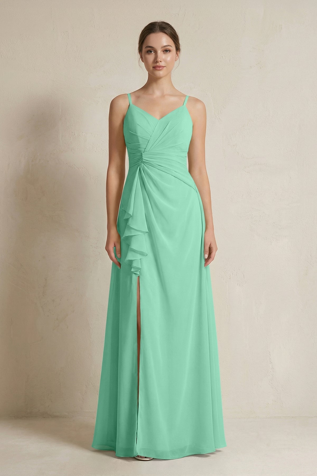 A-Line Ruffled Spaghetti Strap Chiffon Bridesmaid Dress in Turquoise