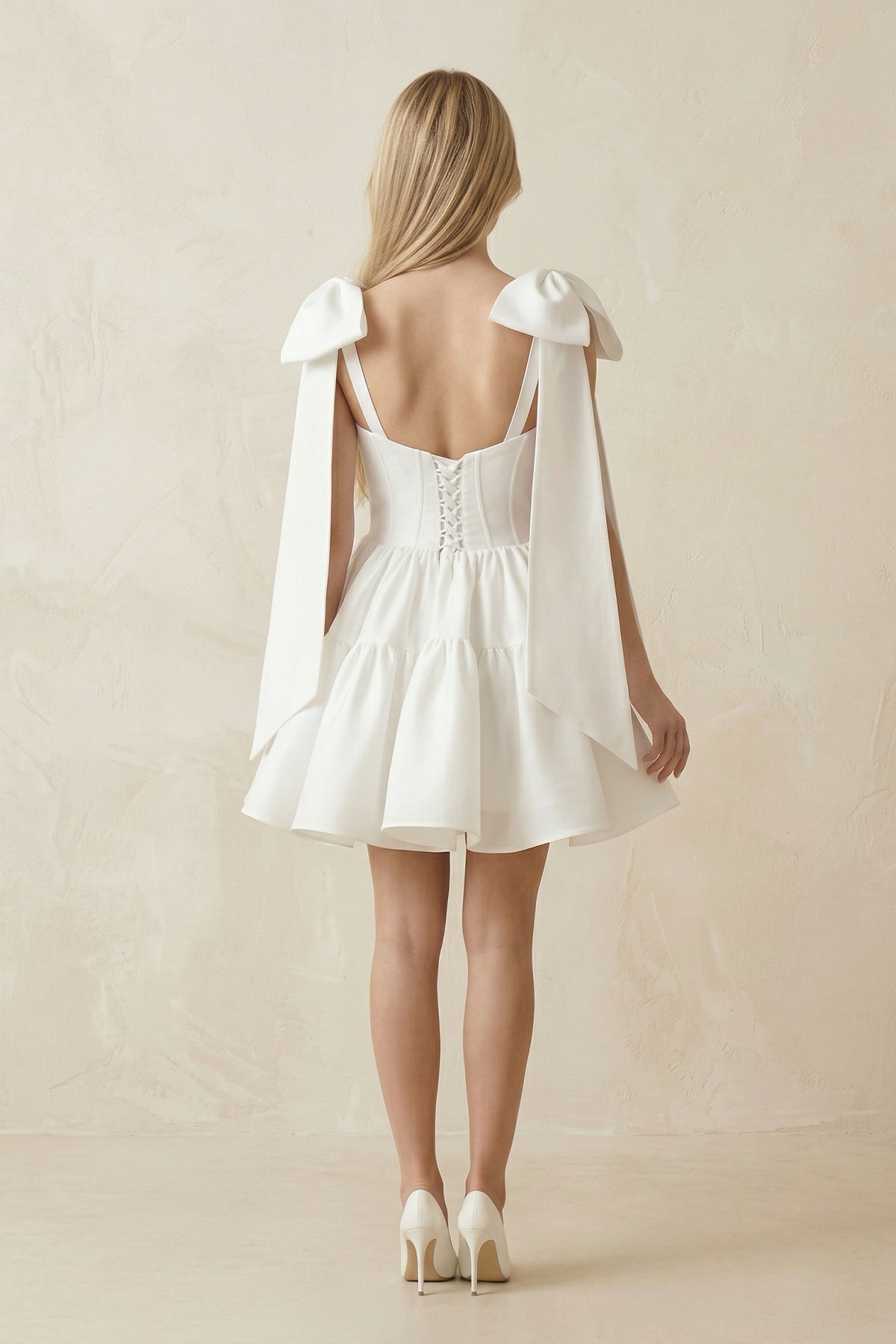 A-Line Satin Corset Mini Wedding Dress With Bow in White