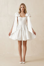 A-Line Satin Corset Mini Wedding Dress With Bow in White