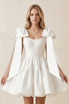 A-Line Satin Corset Mini Wedding Dress With Bow in White