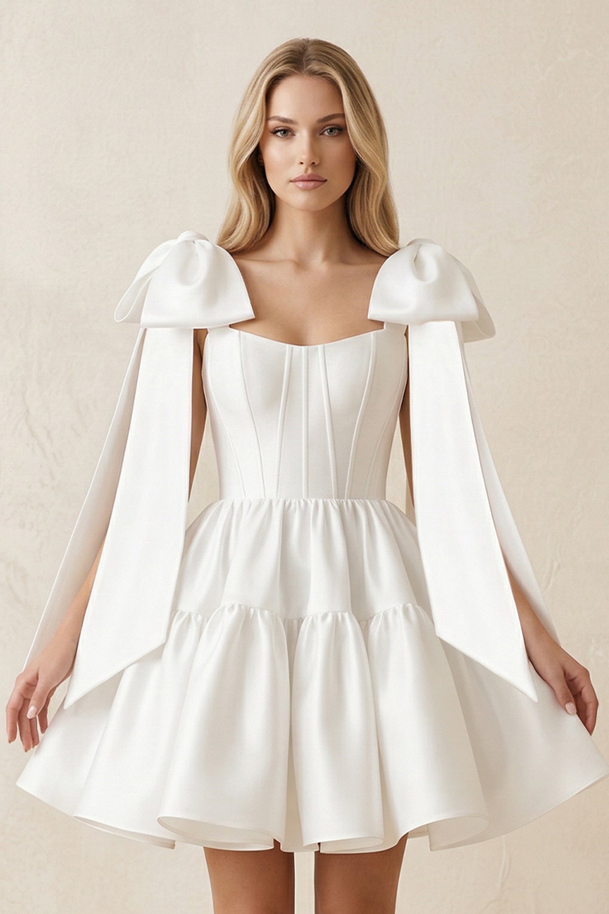 A-Line Satin Corset Mini Wedding Dress With Bow in White