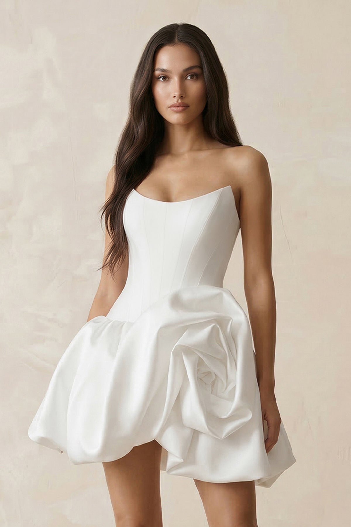 A-Line Satin Strapless Mini Ruched Wedding Dress in White