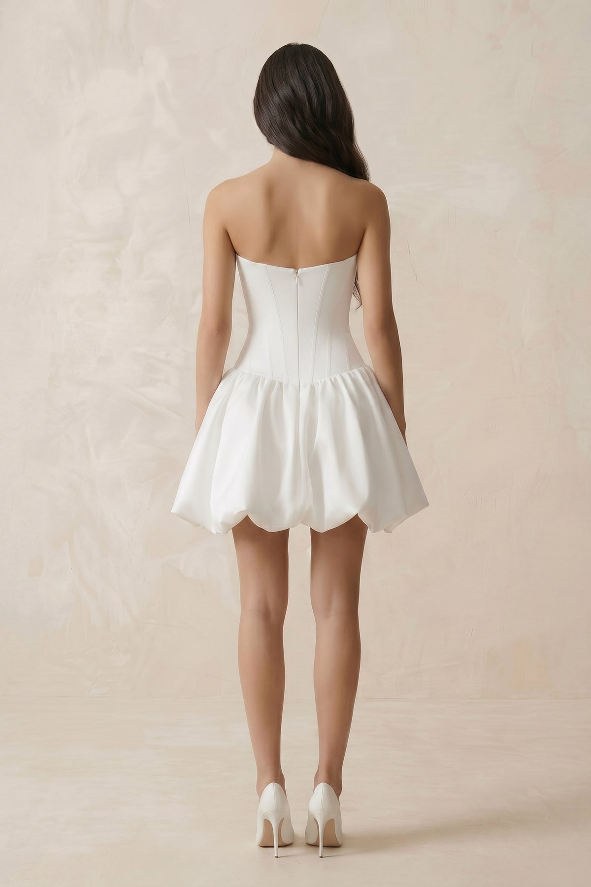 A-Line Satin Strapless Mini Ruched Wedding Dress in White