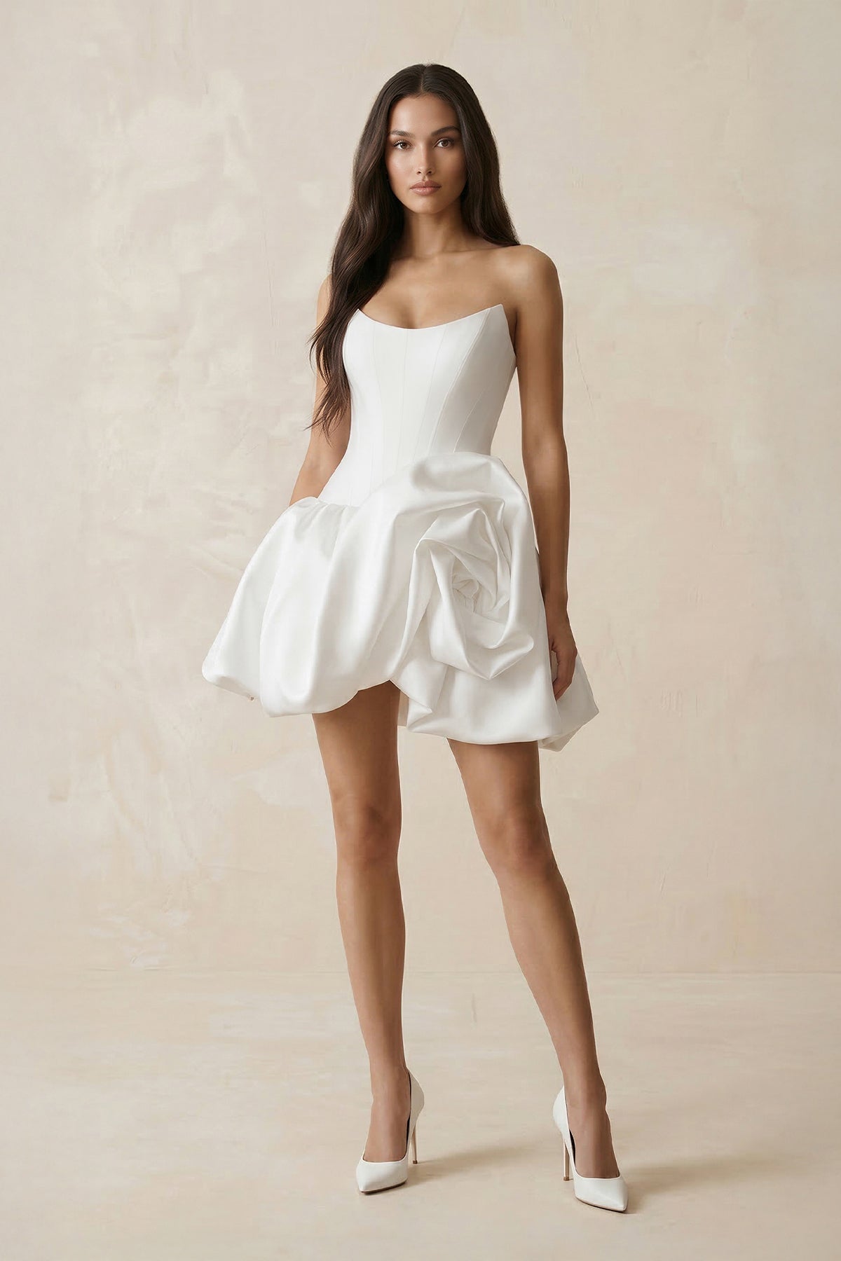 A-Line Satin Strapless Mini Ruched Wedding Dress in White