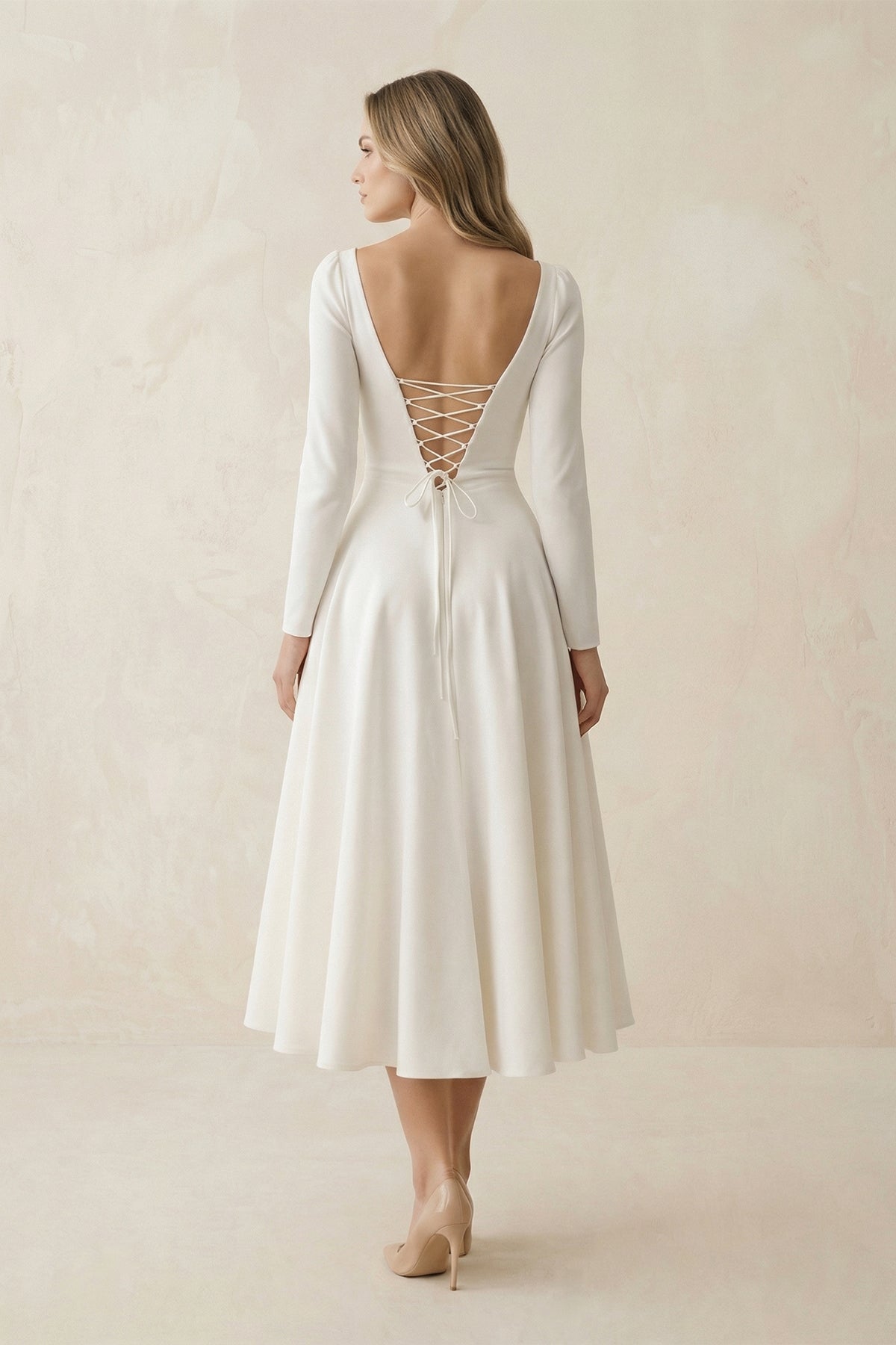 A-Line Satin V-Neck Long Sleeve Wedding Dress in White