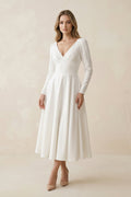 A-Line Satin V-Neck Long Sleeve Wedding Dress in White