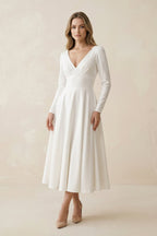 A-Line Satin V-Neck Long Sleeve Wedding Dress in White