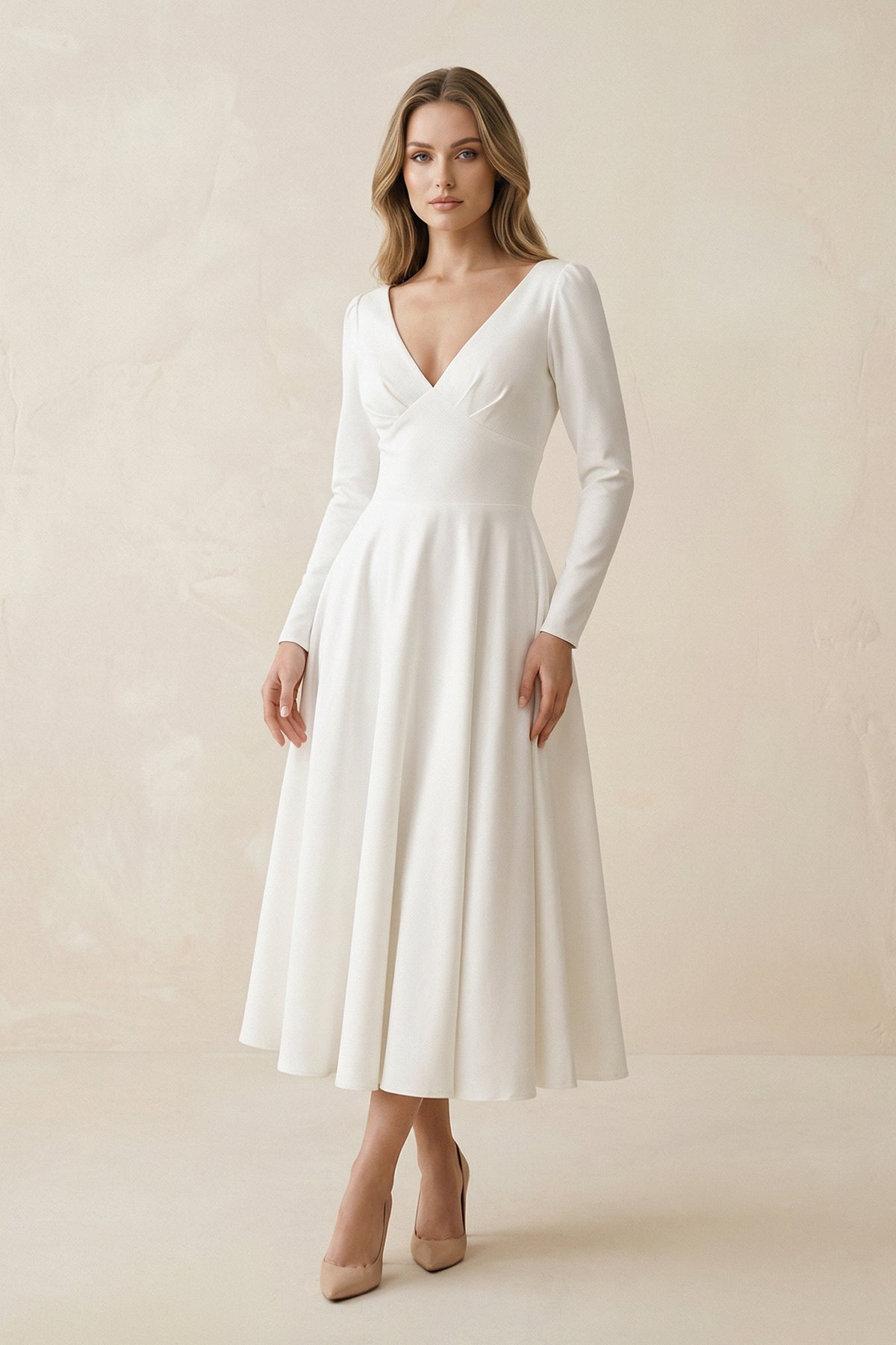 A-Line Satin V-Neck Long Sleeve Wedding Dress in White