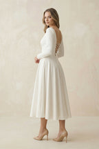 A-Line Satin V-Neck Long Sleeve Wedding Dress in White