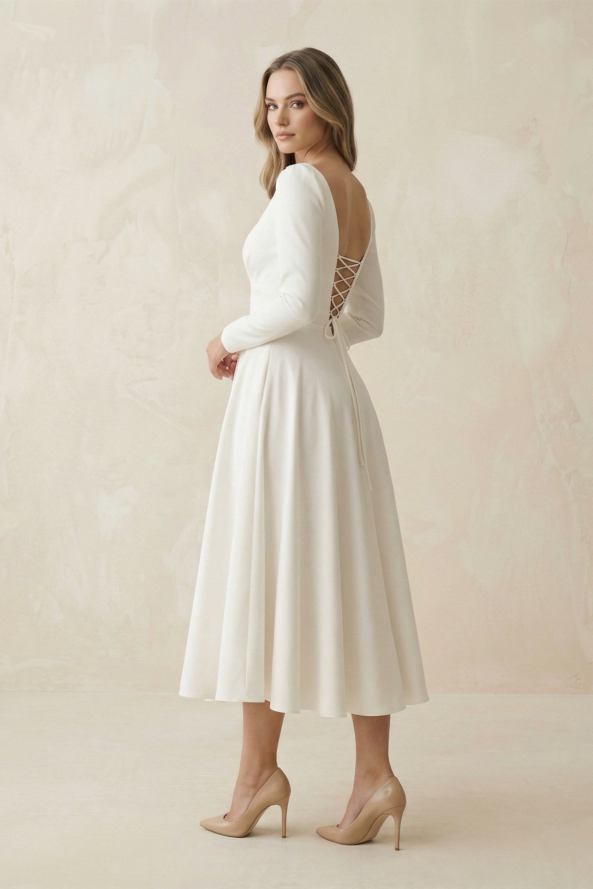A-Line Satin V-Neck Long Sleeve Wedding Dress in White