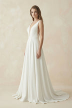 A-Line Plunging V-Neck Satin Wedding Dress