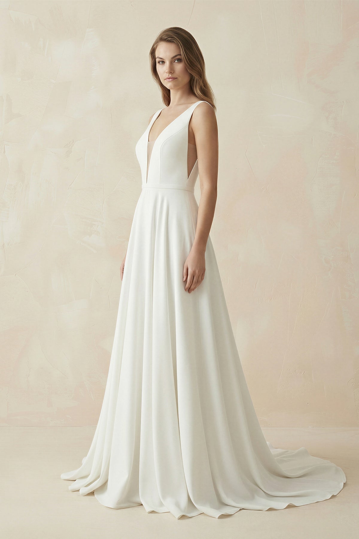 A-Line Plunging V-Neck Satin Wedding Dress