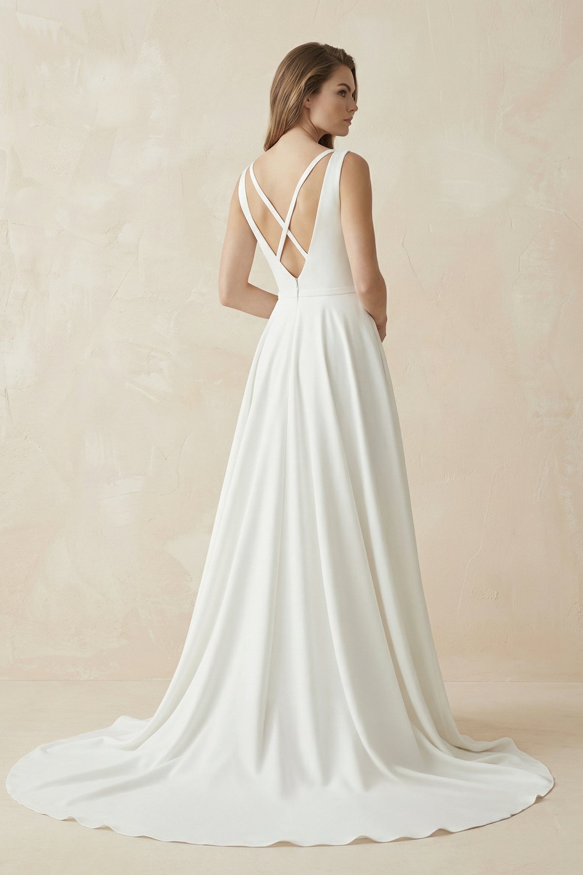 A-Line Plunging V-Neck Satin Wedding Dress