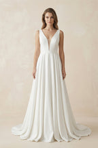 A-Line Plunging V-Neck Satin Wedding Dress
